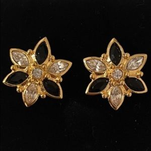 Vintage Clip on Earrings Gold Black Onyx Diamond